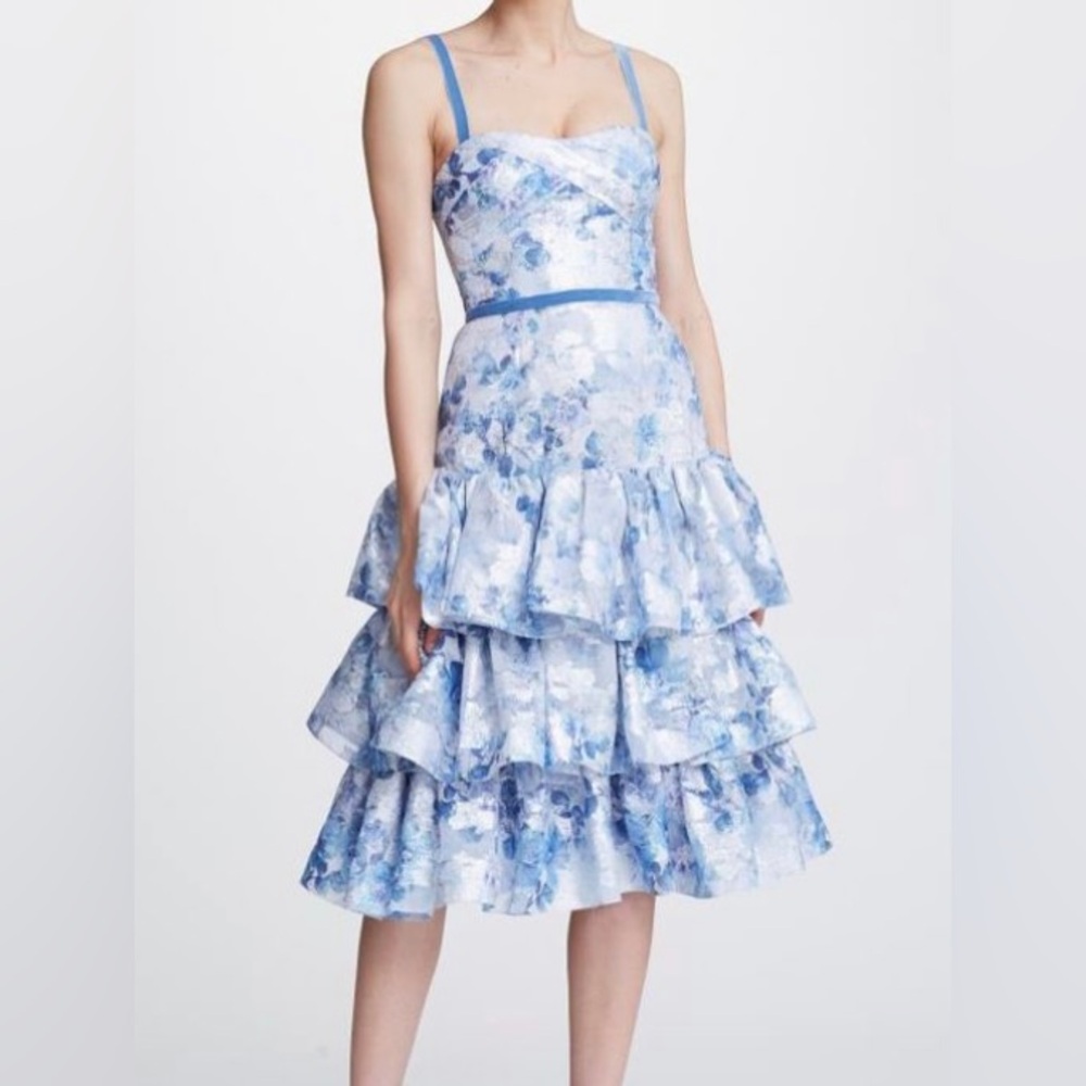 New With Tags Marchesa Notte Tiered Metallic Fil Coupé Dress Blue White Silver
